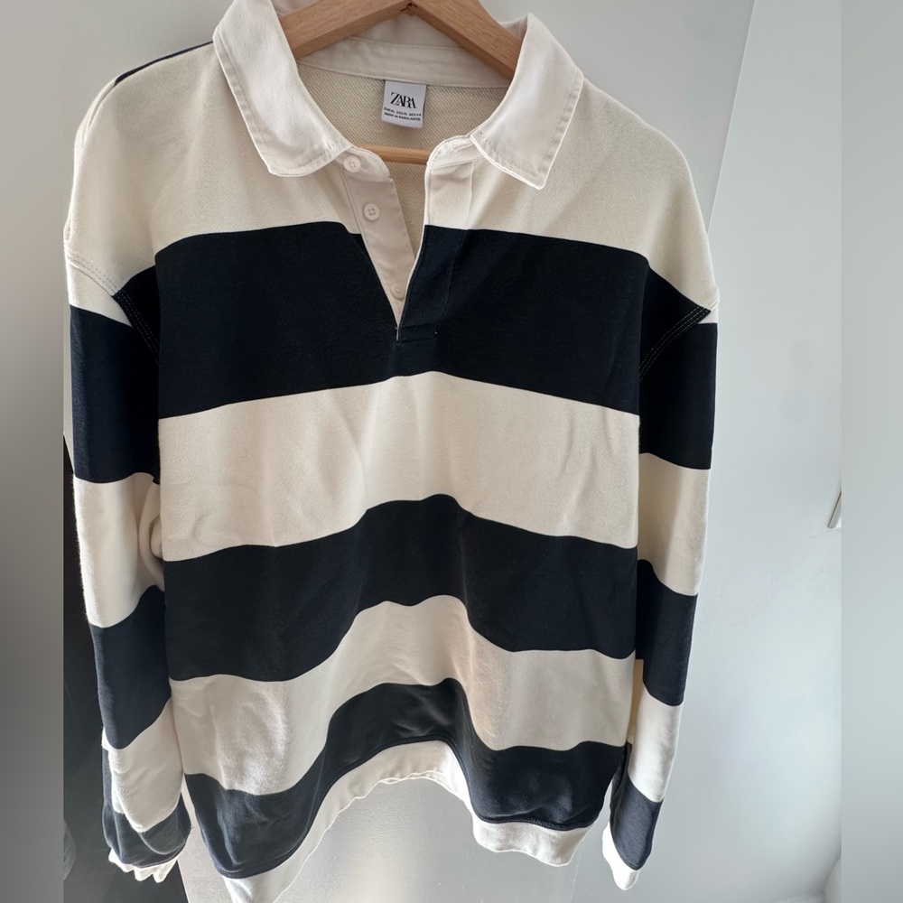 Zara XL long sleeve Navy and White Striped Rugby Polo - Picture 2 of 7